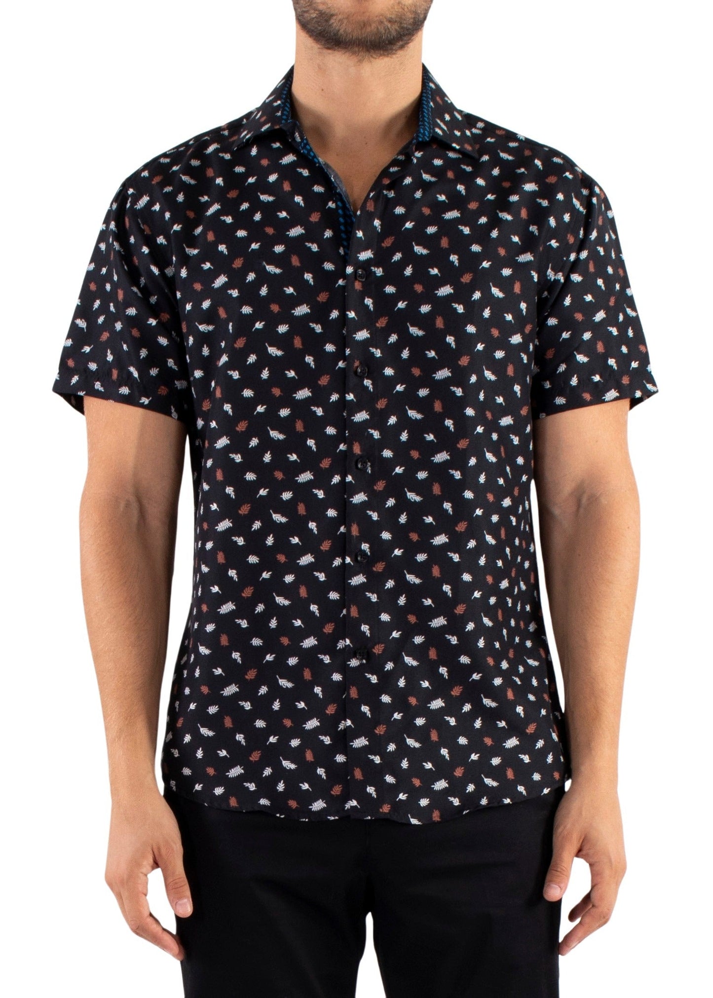 'Leafy-Blend' - Black Button Up Short Sleeve Shirt