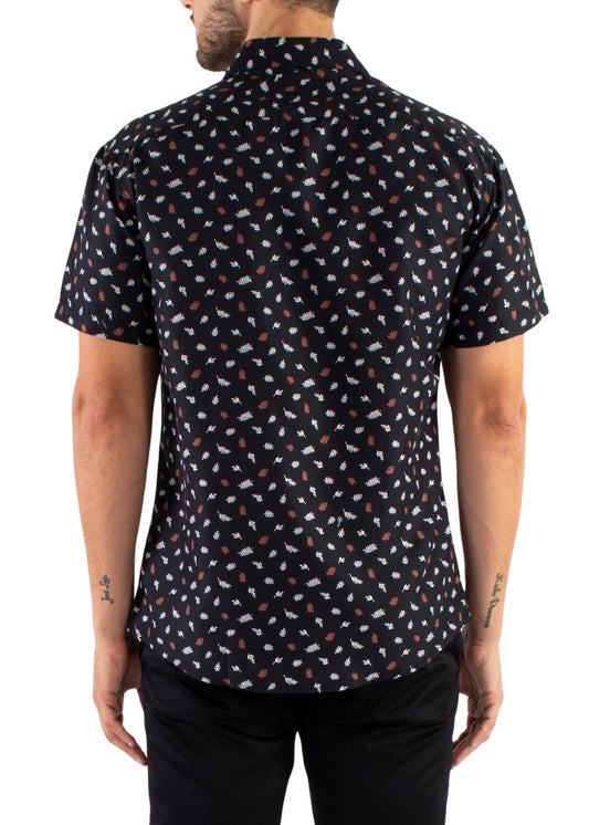 'Leafy-Blend' - Black Button Up Short Sleeve Shirt