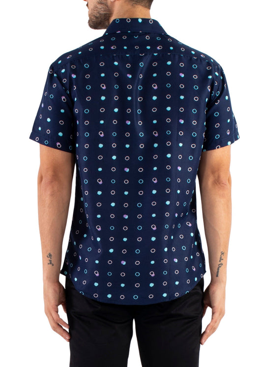 'CircleDots' - Navy Button Up Short Sleeve Shirt
